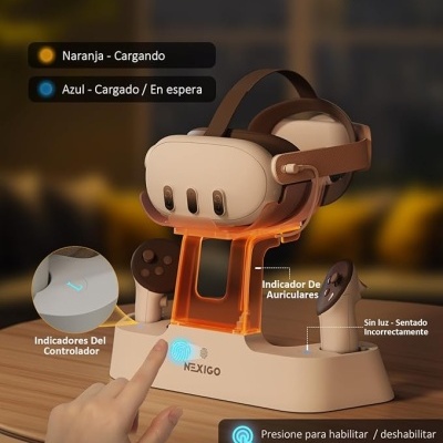 Suporte de carregamento para headset VR com luzes indicadoras e texto em espanhol