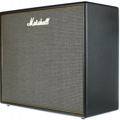 Coluna de som Marshall preta com grelha cinza e logotipo branco