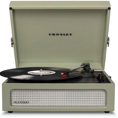 Gira-discos Crosley verde-acinzentado com vinil preto e grelha frontal branca