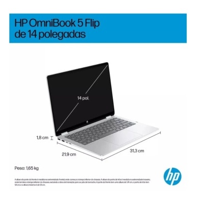 Computador portátil HP OmniBook 5 Flip prateado com teclado cinza e ecrã preto de 14 polegadas, dimensões e peso indicados
