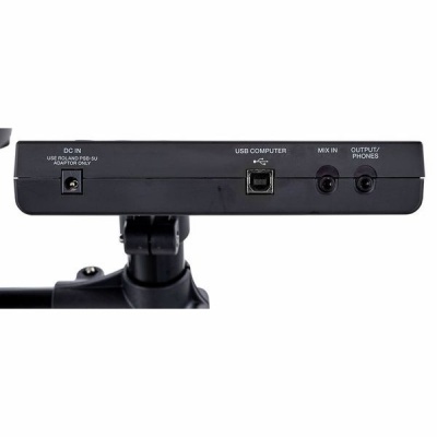 Painel traseiro de dispositivo de áudio preto com portas DC IN, USB, MIX IN e OUTPUT/PHONES