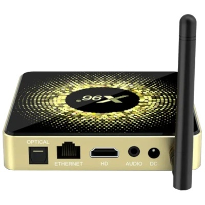 Receptor multimédia preto e dourado com antena e várias portas etiquetadas.