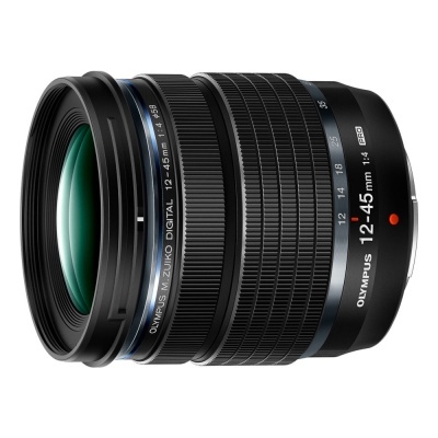 Lente de câmera Olympus M.ZUIKO DIGITAL 12-45mm 1:4.0 preto em fundo branco