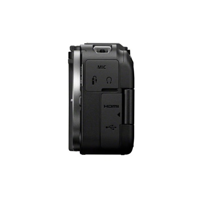Lado esquerdo de câmara digital preta com portas MIC, auscultadores, HDMI e USB