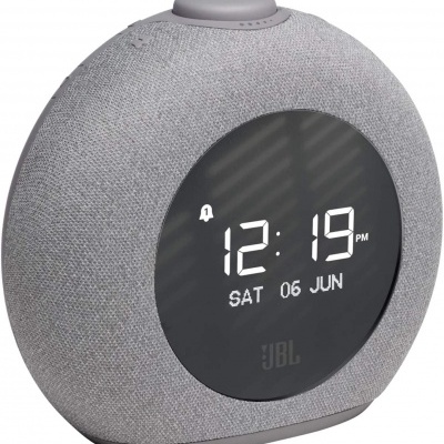 Despertador redondo cinzento com ecrã digital e tecido