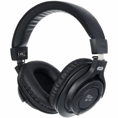 Auriculares pretos acolchoados grandes com texto 'headphone HD 150'