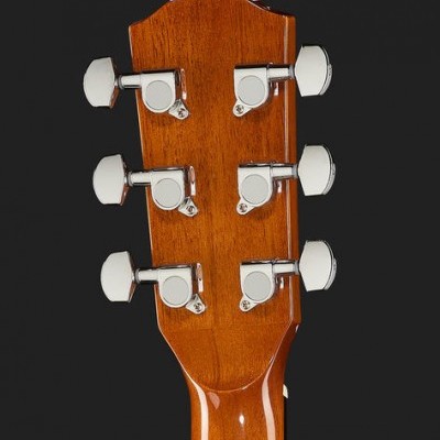 Cabeça de guitarra acústica em madeira castanho clara com afinadores brancos e metálicos