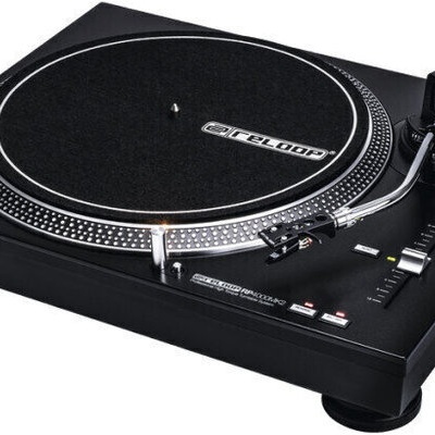 Gira-discos preto com prato circular e braço de leitura curvado