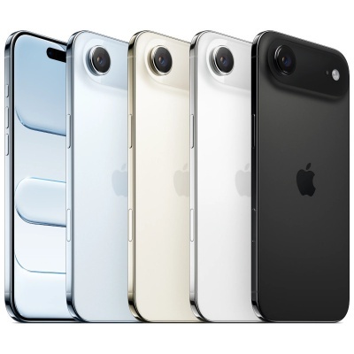 Cinco iPhones Apple em várias cores alinhados