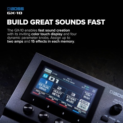 Dispositivo Boss GX-10 com ecrã tátil a cores e quatro botões, exibindo efeitos de som