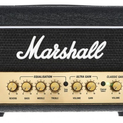 Amplificador Marshall preto e dourado com botões e texto na parte frontal
