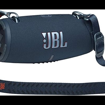 Coluna JBL portátil preta com correia preta e logótipo JBL cinza