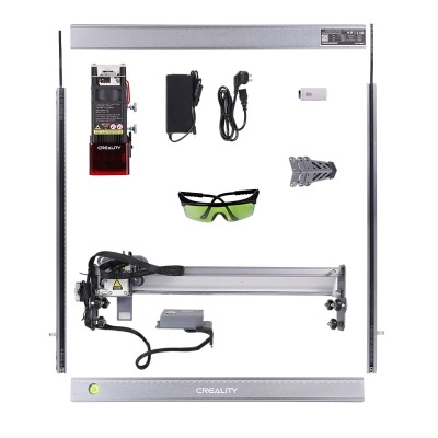 Componentes de impressora 3D Creality organizados sobre fundo branco.