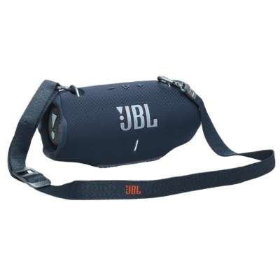 Coluna portátil JBL azul escuro com alça preta ajustável e logo laranja.