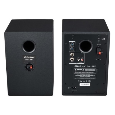 Colunas de estúdio PreSonus Eris 5BT pretas vista frontal e traseira