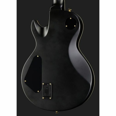 Guitarra elétrica preta fosca vista de trás com parafusos dourados