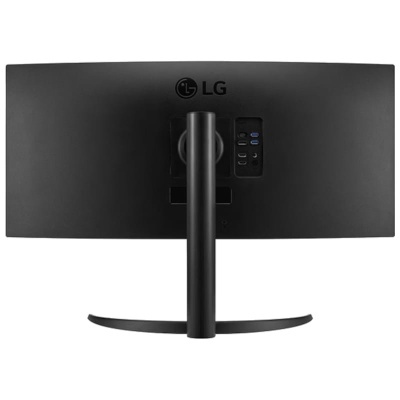 Monitor preto LG visto de trás com suporte central e logotipo LG