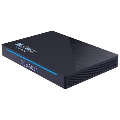 Dispositivo eletrônico preto com ecrã digital e texto Mecool KM9 Pro 4K HDR TV