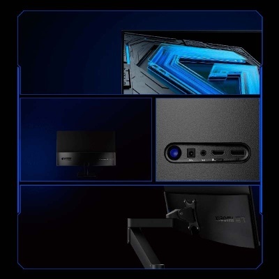 Monitor Xiaomi preto com suporte ajustável e várias portas visíveis