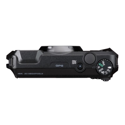 Topo de câmara fotográfica preta com botões e seletor de modos