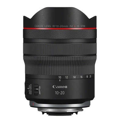 Objetiva Canon RF 10-20mm F4 L IS STM preta com anel vermelho e marcações de distância focal