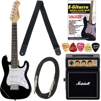 Set de guitarra elétrica preta com acessórios