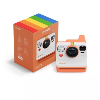 Câmara Polaroid portátil branca e laranja com caixa colorida
