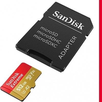 Adaptador SanDisk preto e cartão microSD SanDisk Extreme vermelho e amarelo 512GB