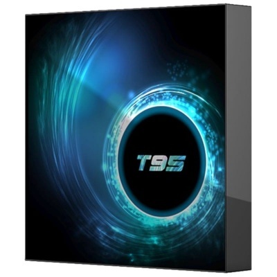 Embalagem preta com círculo azul brilhante e texto T95 azul metálico