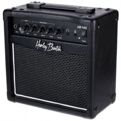 Amplificador de guitarra preto Harley Benton HB-10G com botões de controlo e pega superior