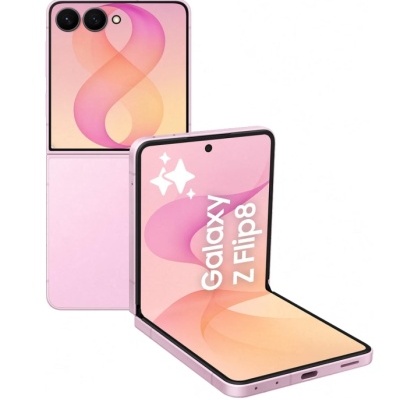 Smartphone dobrável Samsung Galaxy Z Flip8 rosa com ecrã exibindo texto