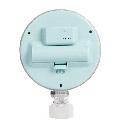 Produto redondo azul claro com bateria e gancho transparente