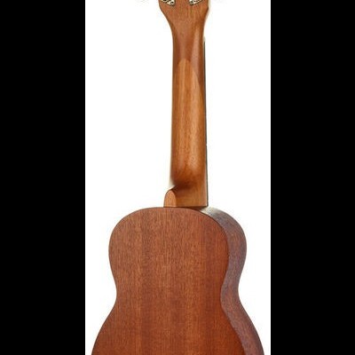 Ukulele visto de trás com corpo e braço de madeira castanha e tarraxas metálicas pretas