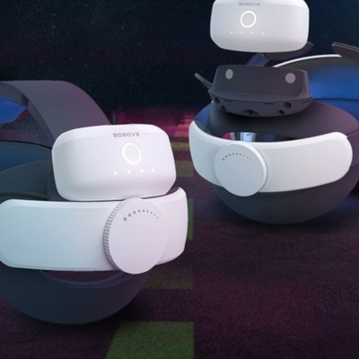 Dois dispositivos eletrónicos modernos brancos e cinzentos com texto BOSOVA sobre esferas cinzentas.