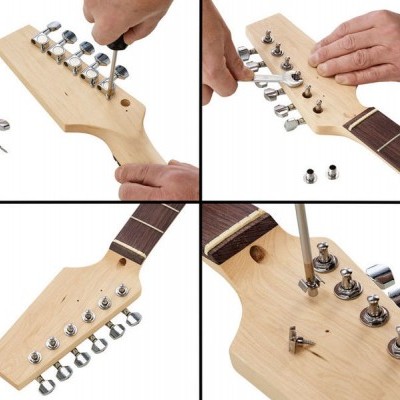 Instalação de tarraxas numa guitarra em madeira clara e escura com chave de fendas