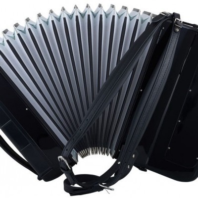 Acordeão preto com fole cinzento prateado e correias pretas