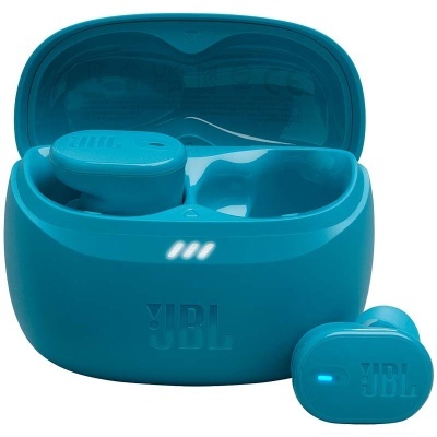 Auriculares sem fios JBL azuis com estojo de carregamento aberto e LED indicador