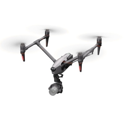 Drone cinzento com quatro hélices e câmara suspensa