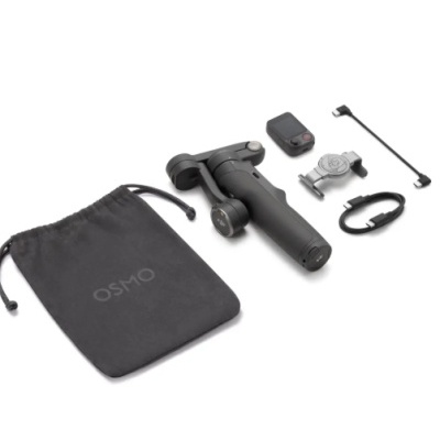 Acessórios OSMO: estabilizador, saco preto, comando remoto, adaptador, cabo e correia