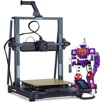 Impressora 3D Elegoo cinza com plataforma amarela e robô colorido ao lado