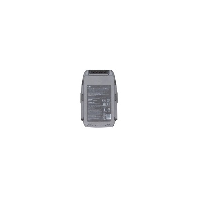 Carregador de bateria cinza para drone DJI com texto e símbolos de segurança.