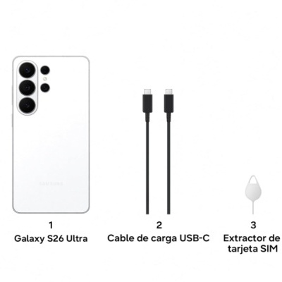 Smartphone branco Samsung Galaxy S26 Ultra, cabo USB-C preto e extractor branco de cartão SIM sobre fundo branco.