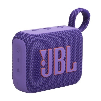 Coluna portátil Bluetooth JBL roxa com textura de tecido e botões em relevo