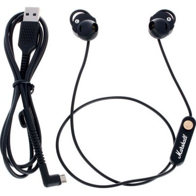 Auriculares intra-auriculares pretos com cabo fino e botão 