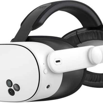 Aparelho de realidade virtual preto e branco com tiras e câmaras frontais