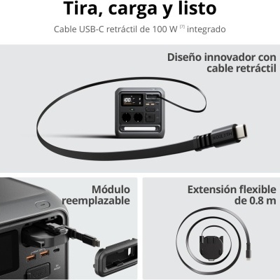 Dispositivo eletrónico cinza com cabo USB-C retrátil preto e ecrã digital mostrando 100%