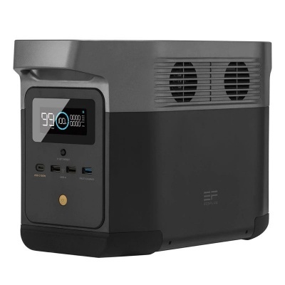 Unidade portátil de energia eletrónica preta e cinza com visor digital e ventiladores laterais