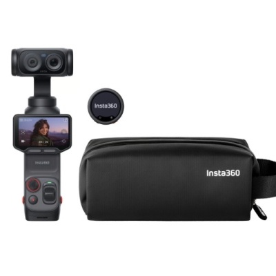Conjunto de estabilizador de câmara Insta360 preto com ecrã e bolsa de transporte.
