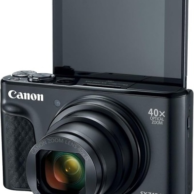 Câmara fotográfica Canon preta com lente e visor LCD ajustável