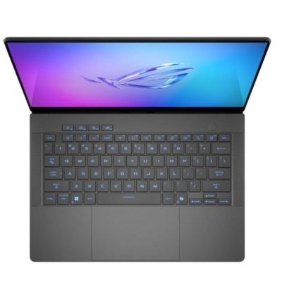 Computador portátil Asus ROG aberto com teclado retroiluminado azul e ecrã colorido roxo e azul